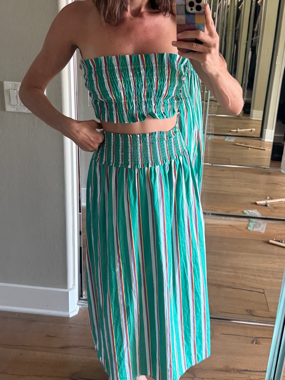 Hill House green Vertical Stripe Smocked Maxi Skirt